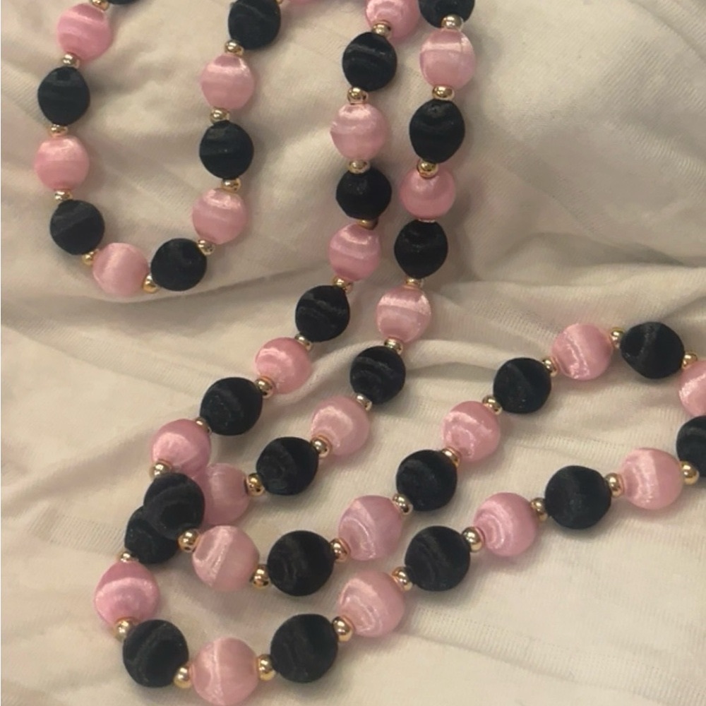 Vintage  Pink and Black Silk Thread Wrapped Beaded 30 inch Necklace